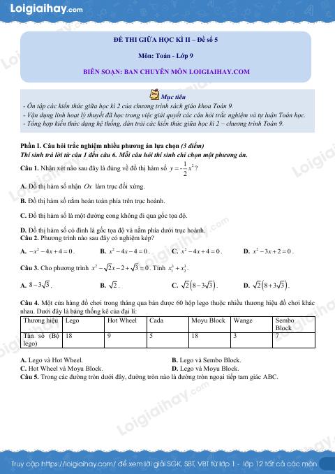Đề thi giữa kì 2 Toán 9 - Đề số 5